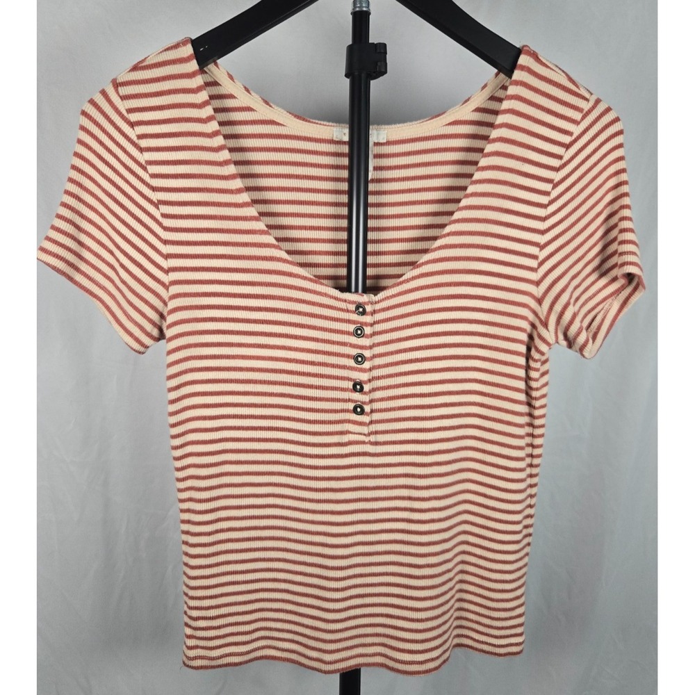 Forever 21 Cream Pink Ribbed Striped Henley Scoop Neck TopSz L Y2K Parisian Chic